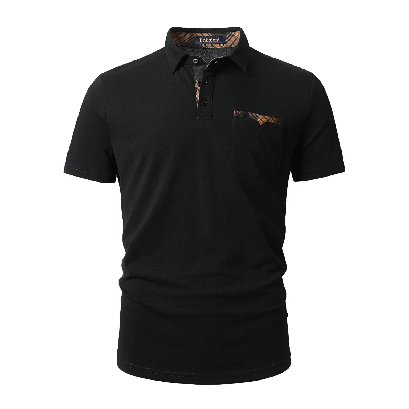 Lightweight Men's Linen ShirtsMen's Polo Shirt with Pocket - K-BLACK-CHECKED1