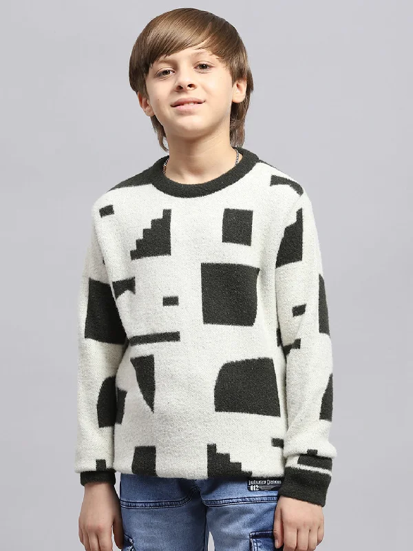 Men's Sweaters with Low-Neck DesignsBoys White & Olive Printed Round Neck Full Sleeve Pullover