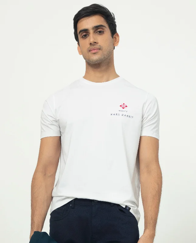 Men's Shirts with Appliquéd SleevesRare Rabbit Men's Castel White Crew Neck Graphic Print Branded Half Sleeves T-Shirt Men's Shirts with Appliquéd SleevesRare Rabbit Men's Castel White Crew Neck Graphic Print Branded Half Sleeves T-Shirt