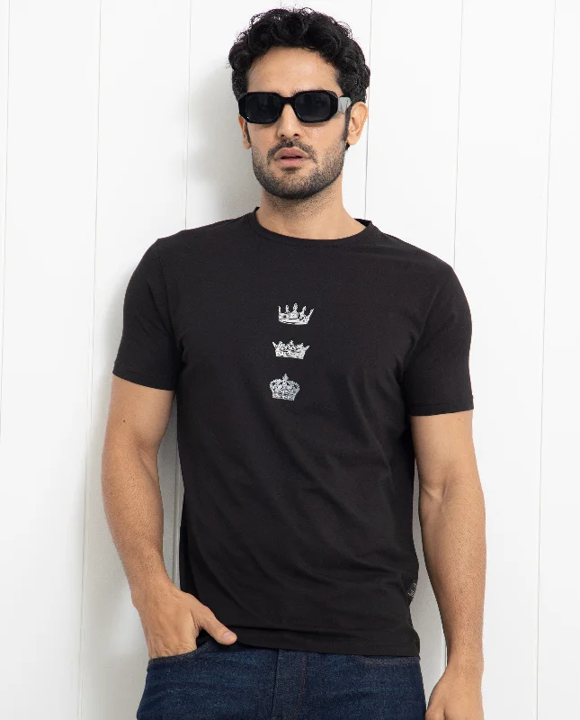 Elegant Men's Dress ShirtsRare Rabbit Men's Pilar Black Crew Neck Half Sleeves Regular Fit Foil Crown Graphic Print T-Shirt Elegant Men's Dress ShirtsRare Rabbit Men's Pilar Black Crew Neck Half Sleeves Regular Fit Foil Crown Graphic Print T-Shirt