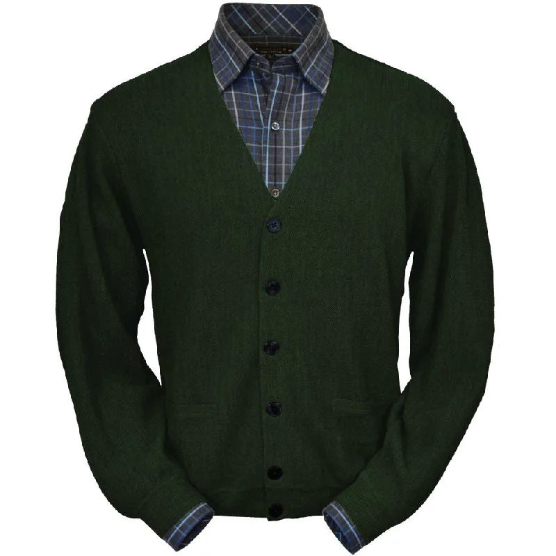 Men's Sweaters with Fair Isle PatternsBaby Alpaca 'Links Stitch' V-Neck Cardigan Sweater in Olive Heather by Peru Unlimited Men's Sweaters with Fair Isle PatternsBaby Alpaca 'Links Stitch' V-Neck Cardigan Sweater in Olive Heather by Peru Unlimited