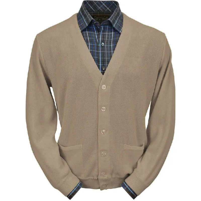 Men's Sweaters for Mild WeatherBaby Alpaca 'Links Stitch' V-Neck Cardigan Sweater in Tan Heather by Peru Unlimited Men's Sweaters for Mild WeatherBaby Alpaca 'Links Stitch' V-Neck Cardigan Sweater in Tan Heather by Peru Unlimited