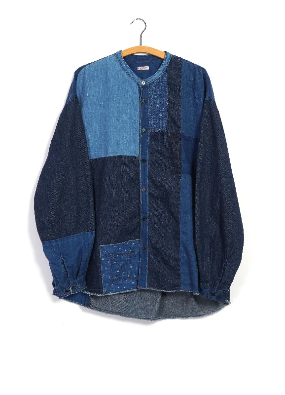 Men's Iron-Free Shirts for Wrinkle-Resistant WearKATMANDU | Patchwork Shirt With Band Collar | Indigo Men's Iron-Free Shirts for Wrinkle-Resistant WearKATMANDU | Patchwork Shirt With Band Collar | Indigo