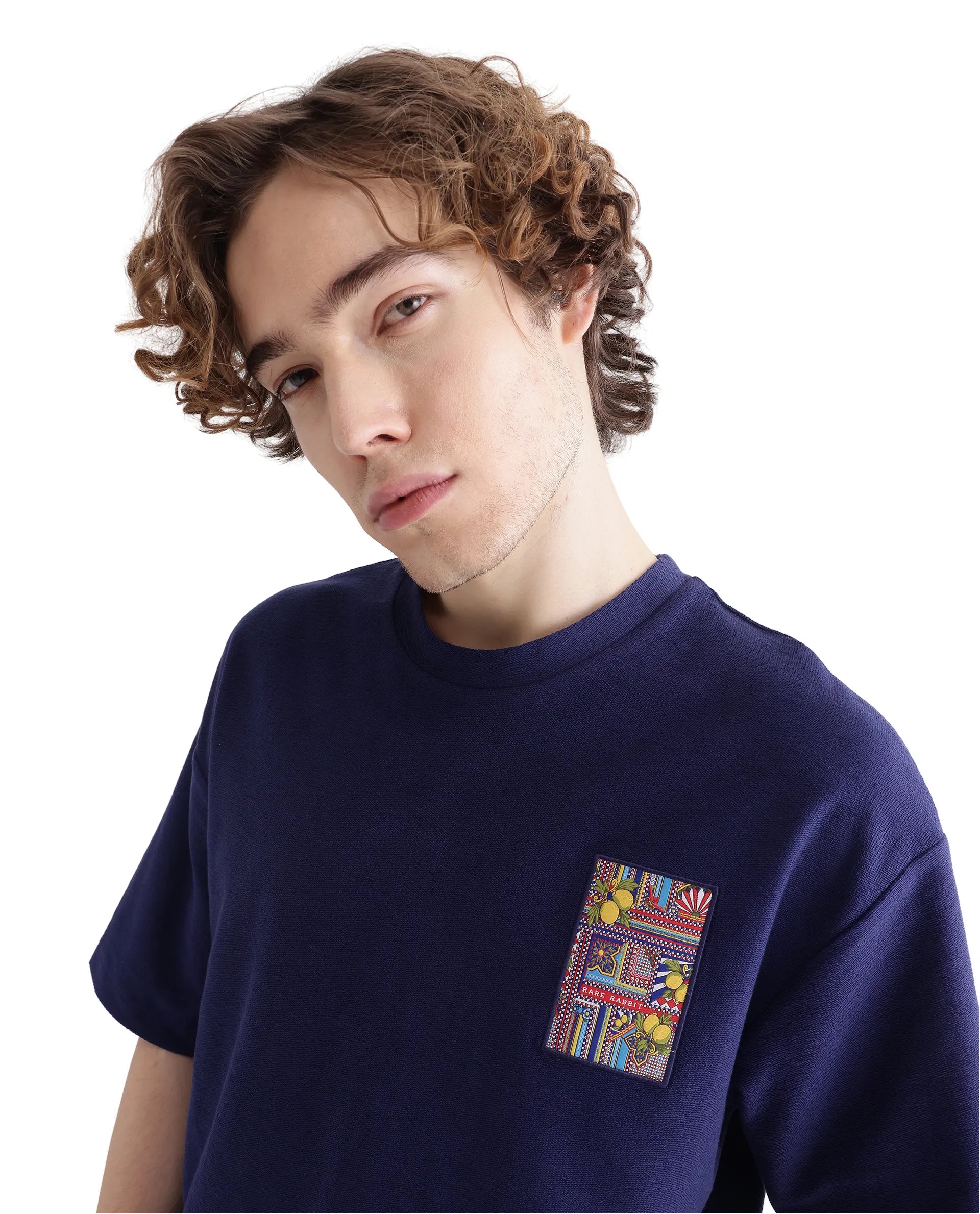 Men's Shirts with Patch PocketsRare Rabbit Men Oxo Dark Blue Cotton Fabric Short Sleeve Crew Neck Embroidered T-Shirt