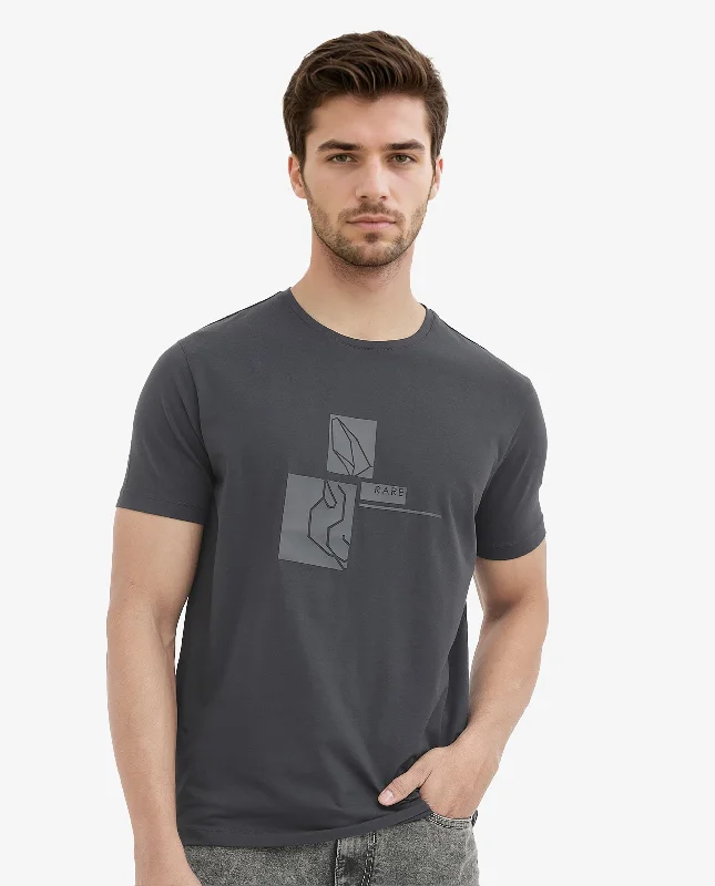 Men's Shirts with Single-Breasted DesignsRare Rabbit Men's Feine Dark Grey Cotton Lycra Fabric Half Sleeves Graphic Logo Print T-Shirt Men's Shirts with Single-Breasted DesignsRare Rabbit Men's Feine Dark Grey Cotton Lycra Fabric Half Sleeves Graphic Logo Print T-Shirt