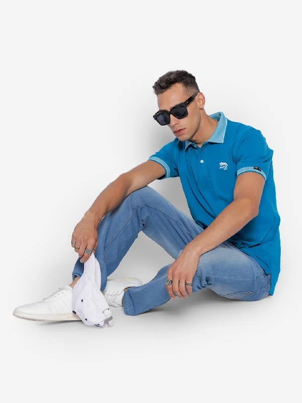 Men's Shirts for FishingJUMP USA Men Ocean Blue Solid Polo Collar Pure Cotton T-shirt Men's Shirts for FishingJUMP USA Men Ocean Blue Solid Polo Collar Pure Cotton T-shirt