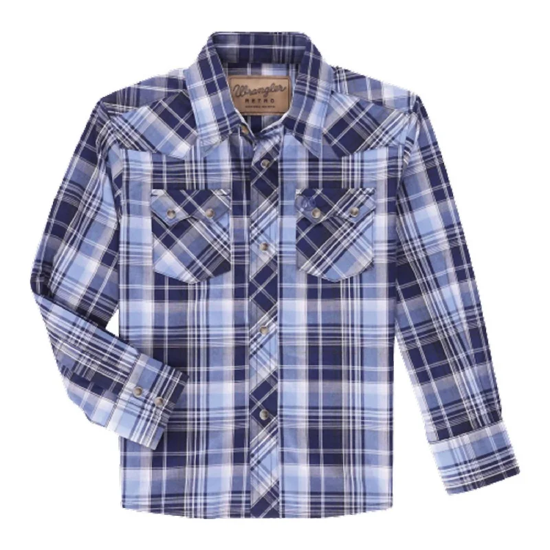 Men's Hawaiian Print Shirts for Luau PartiesBoys Retro Long Sleeve Snap Shirt In Blue