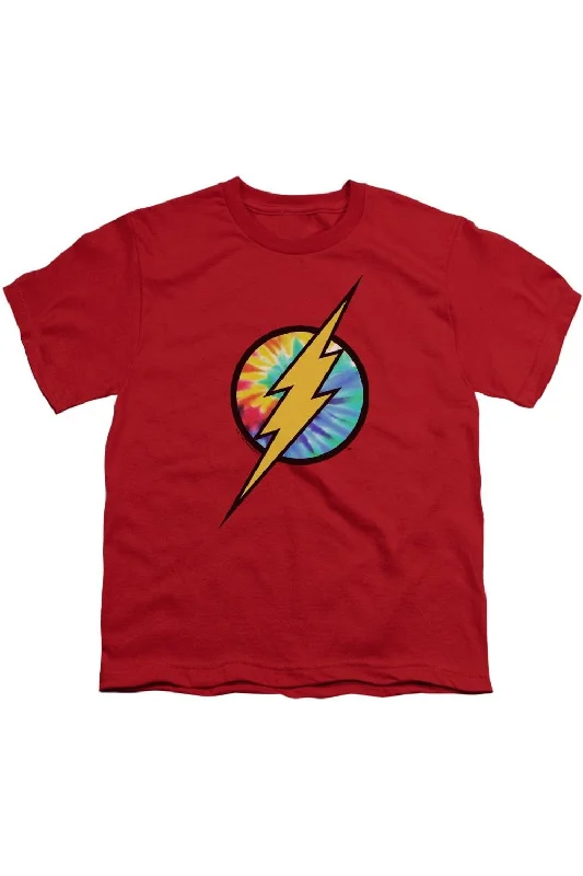 Men's Shirts with Rounded HemlinesDC Comics Flash Tie Dye Flash Logo Short Sleeve Youth Tee / T-Shirt Men's Shirts with Rounded HemlinesDC Comics Flash Tie Dye Flash Logo Short Sleeve Youth Tee / T-Shirt