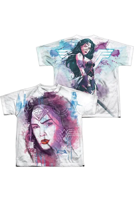 Men's Shirts with Pleated HemlinesBatman V Superman Watercolor Wonder Woman Sub (Front/Back Print) Short Sleeve Youth Poly Crew Tee / T-Shirt Men's Shirts with Pleated HemlinesBatman V Superman Watercolor Wonder Woman Sub (Front/Back Print) Short Sleeve Youth Poly Crew Tee / T-Shirt