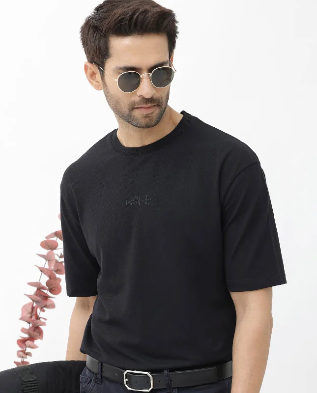 Classic Men's Button-Up ShirtsRare Rabbit Mens Heros Black Cotton Lycra Fabric Blend Drop Shoulder Short Sleeve Oversized Fit Solid T-Shirt