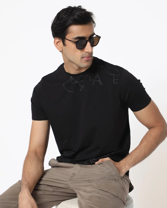 Men's Shirts with Asymmetrical HemlinesRare Rabbit Men's Tona Black Crew Neck Half Sleeves Regular Fit Monogram Placement Print T-Shirt Men's Shirts with Asymmetrical HemlinesRare Rabbit Men's Tona Black Crew Neck Half Sleeves Regular Fit Monogram Placement Print T-Shirt