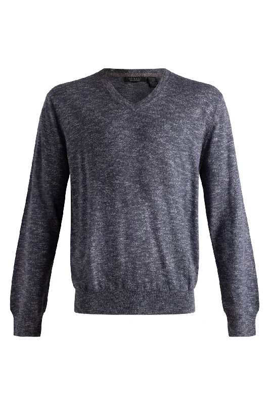 Men's Sweaters with Hooks and LoopsCotton and Silk Blend Elbow Patch V-Neck Sweater in Blue Mix by Viyella