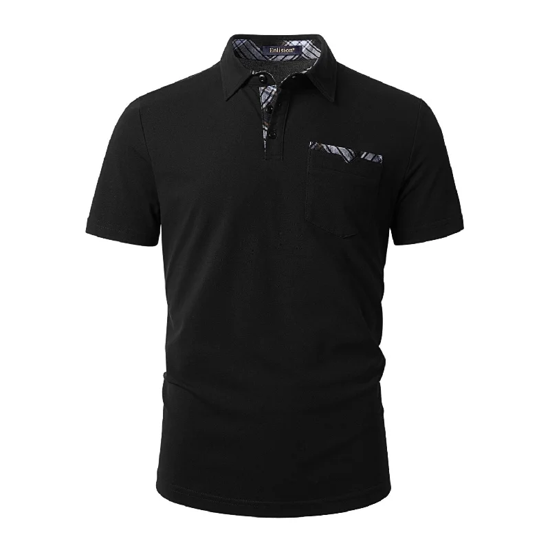 Warm Men's Fleece-Lined TopsMen's Polo Shirt with Pocket - K-BLACK-CHECKED1