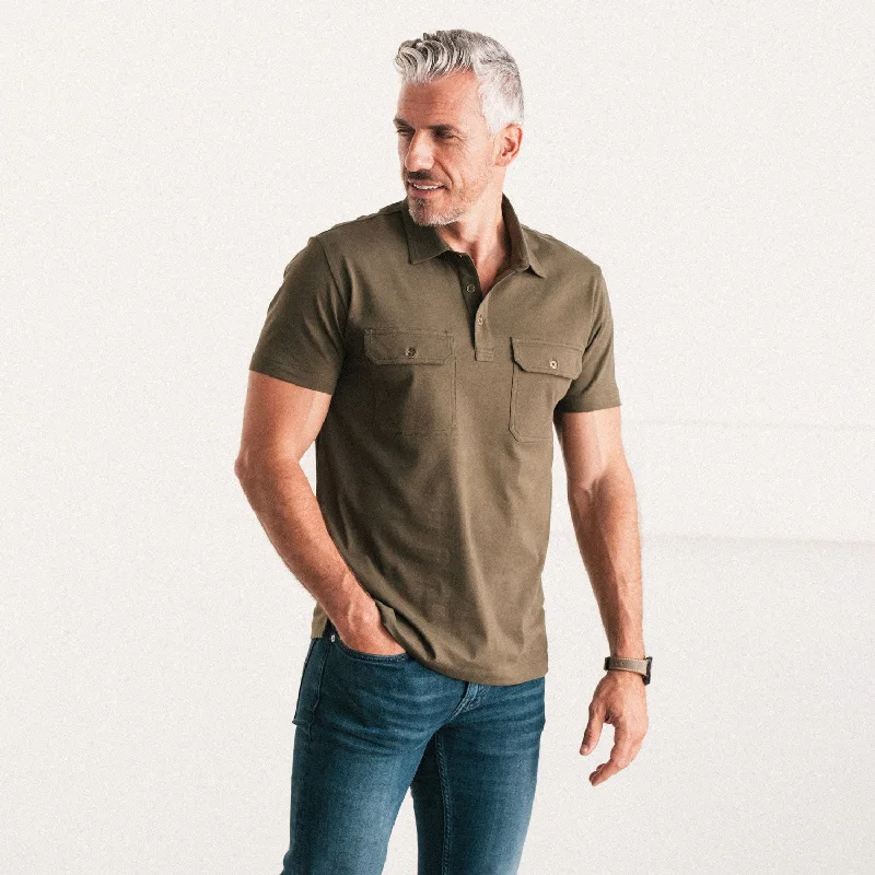 Men's Shirts with Contrast StitchingConstructor Short Sleeve Polo Shirt –  Olive Green Cotton Jersey