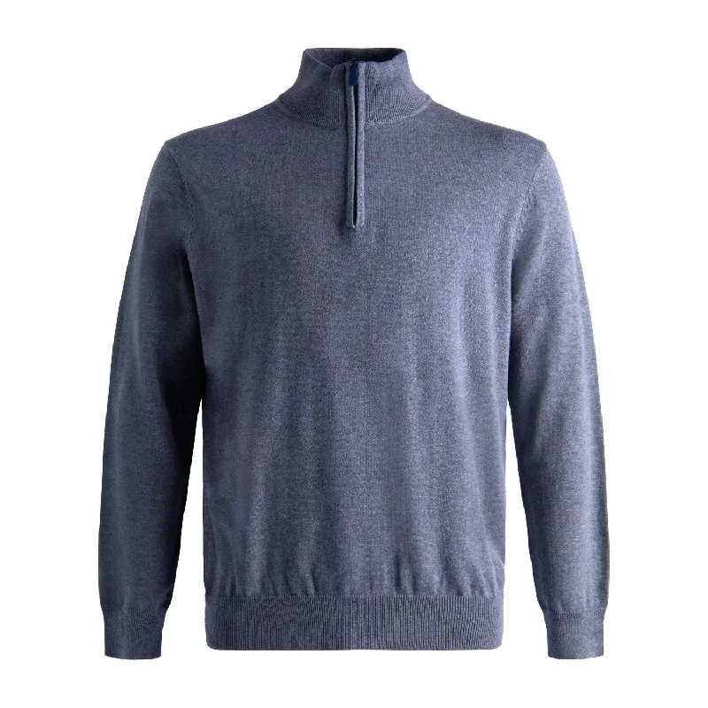 Men's Sweaters for Outdoor ActivitiesCotton and Silk Blend Quarter-Zip Mock Neck Elbow Patch Sweater in Steel Blue by Viyella Men's Sweaters for Outdoor ActivitiesCotton and Silk Blend Quarter-Zip Mock Neck Elbow Patch Sweater in Steel Blue by Viyella