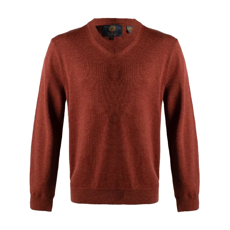 Men's Sweaters with Relaxed FitsExtra Fine 'Zegna Baruffa' Merino Wool V-Neck Sweater in Rust by Viyella Men's Sweaters with Relaxed FitsExtra Fine 'Zegna Baruffa' Merino Wool V-Neck Sweater in Rust by Viyella