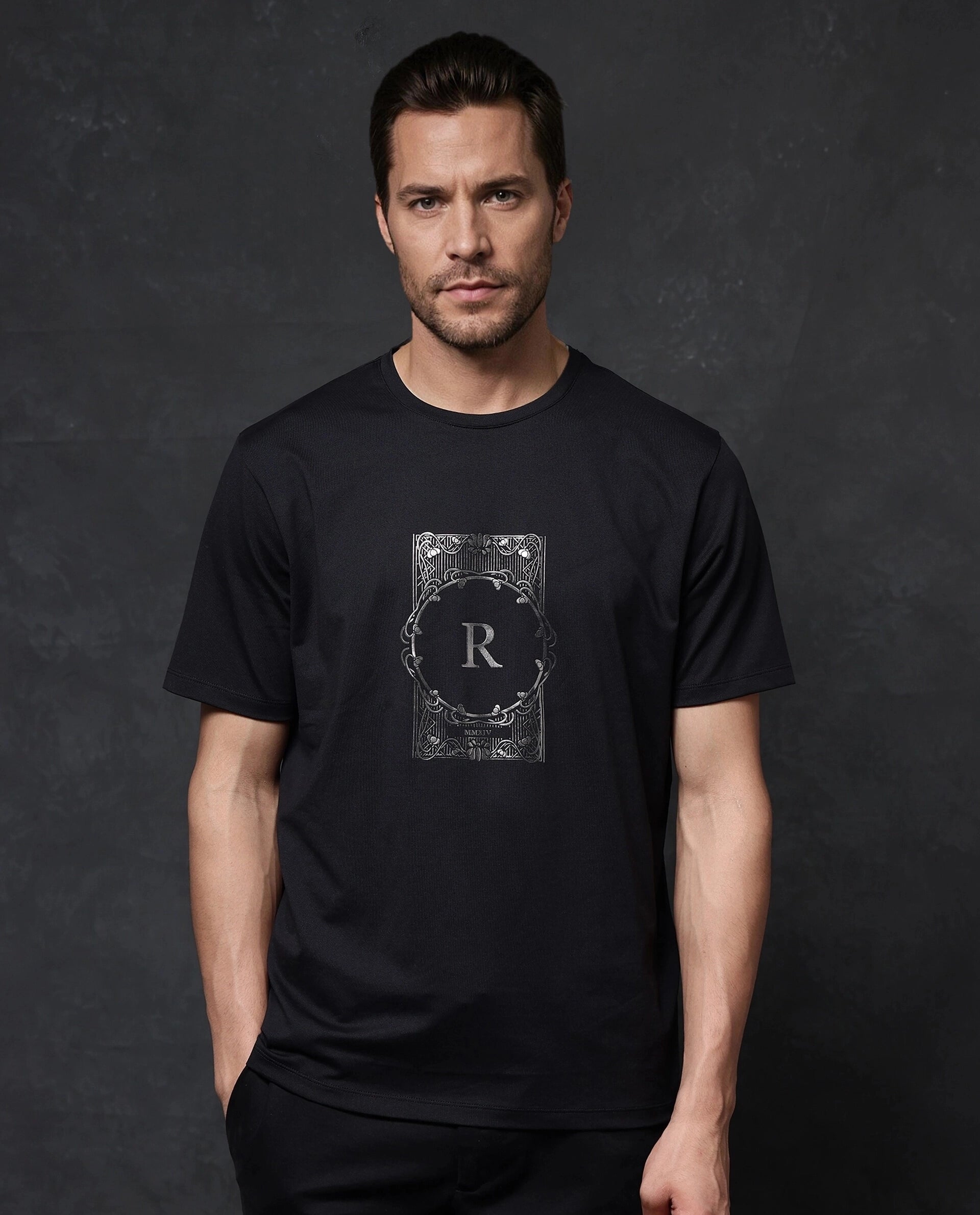 Men's Shirts with Geometric PatternsRare Rabbit Men Hype Black Cotton Polyester Lycra Fabric Short Sleeve Crew Neck Regular Fit Graphic Print T-Shirt Men's Shirts with Geometric PatternsRare Rabbit Men Hype Black Cotton Polyester Lycra Fabric Short Sleeve Crew Neck Regular Fit Graphic Print T-Shirt