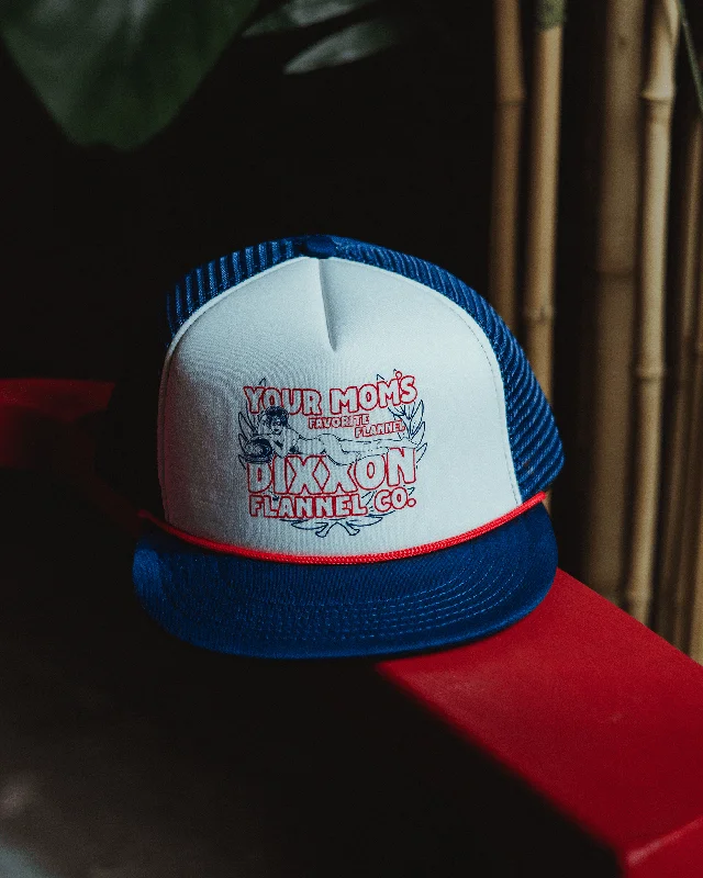 Beach Sun HatsYour Mom's Flat Bill Foam Trucker Snapback