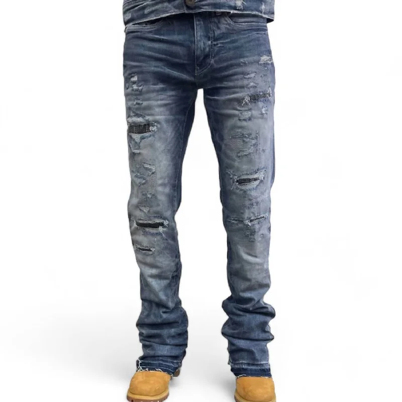 Men's Jeans with Elastic WaistbandsMen's Theo Slight Flare Stack Denim Jean In Aged Wash Men's Jeans with Elastic WaistbandsMen's Theo Slight Flare Stack Denim Jean In Aged Wash