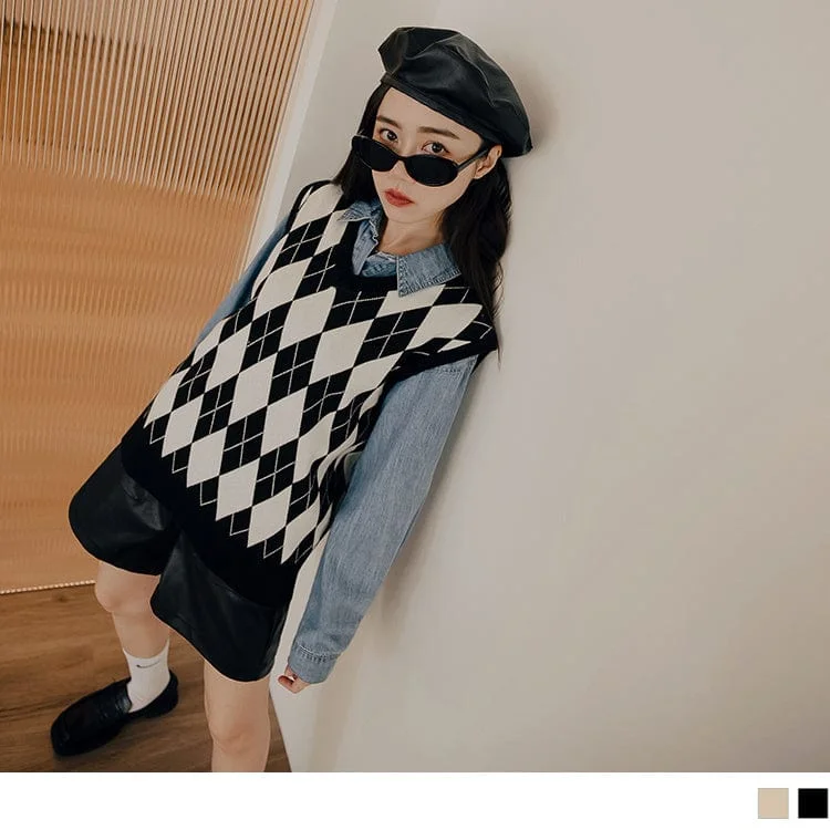 Men's Sweaters with ZippersV-NECK SLEEVELESS CHECKED RIB CUFF KNIT TOPS