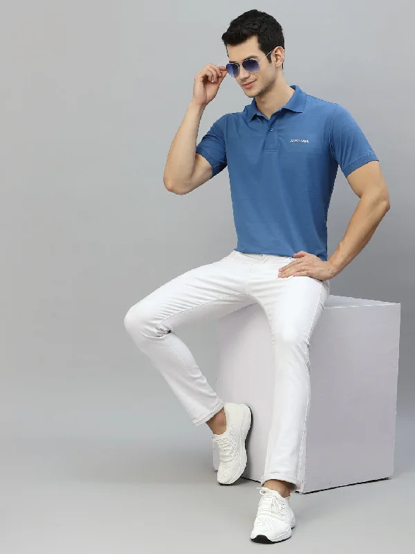 Men's Shirts with Graphic PrintsJUMP USA Men Blue Solid Polo Collar Sports  T-Shirt