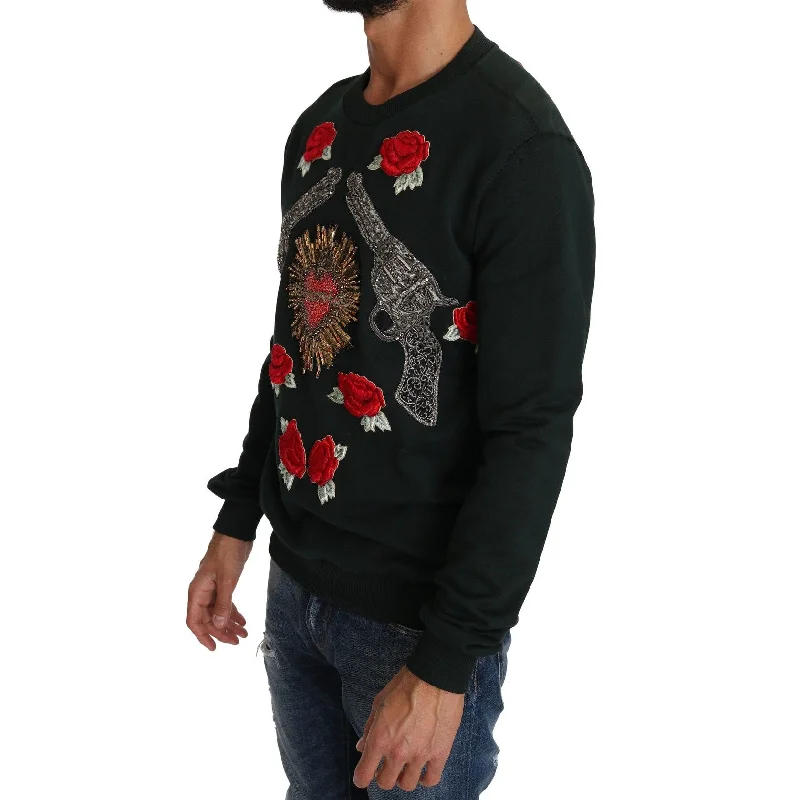 Men's Sweaters with Elastic WaistbandsDolce & Gabbana Emerald Cotton Sweater with Crystal Men's Embroidery Men's Sweaters with Elastic WaistbandsDolce & Gabbana Emerald Cotton Sweater with Crystal Men's Embroidery