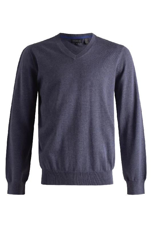 Men's Sweaters with Straight-Cut ShapesCotton and Silk Blend Elbow Patch V-Neck Sweater in Steel Blue by Viyella