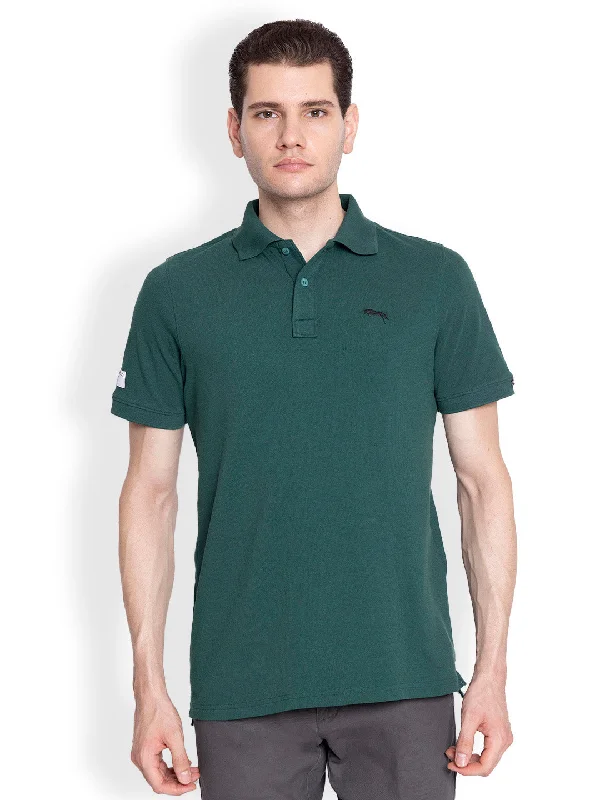 Men's Three-Quarter Sleeved TopsJUMP USA Men Solid forest green Polo Collar Cotton T-shirt
