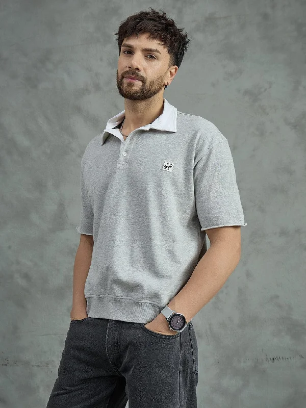 Solid-Colored Men's ShirtsGrey Cropped Raw Edge Polo T-Shirt