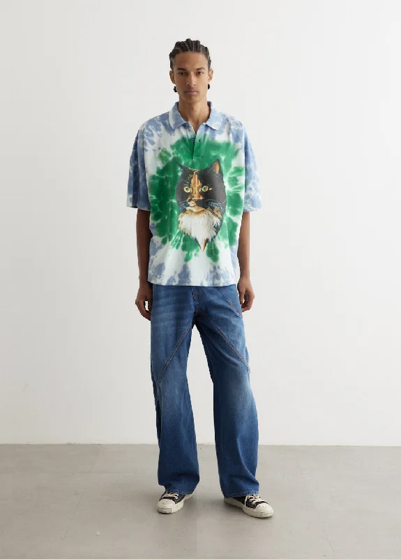 Men's Shirts with Embellished HemlinesCat Print Tie Dye Polo Shirt