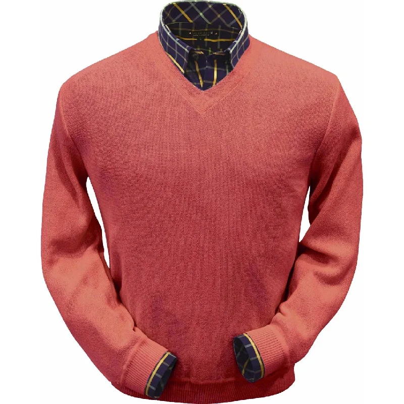 Men's Sweaters with Asymmetrical HemlinesBaby Alpaca 'Links Stitch' V-Neck Sweater in Cayenne Red Heather by Peru Unlimited Men's Sweaters with Asymmetrical HemlinesBaby Alpaca 'Links Stitch' V-Neck Sweater in Cayenne Red Heather by Peru Unlimited
