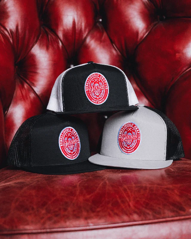 Wide-Brimmed Sun HatsRebelliously Crafted Flat Bill Trucker Snapback - Red