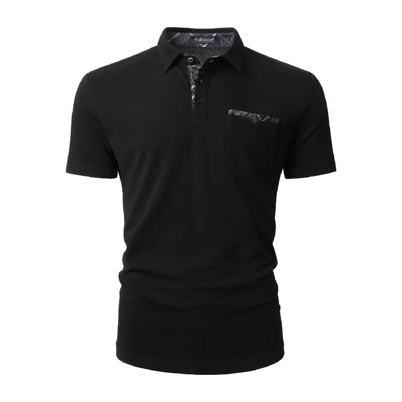 Breathable Men's Mesh TopsMen's Polo Shirt with Pocket - M-BLACK-CHECKED3