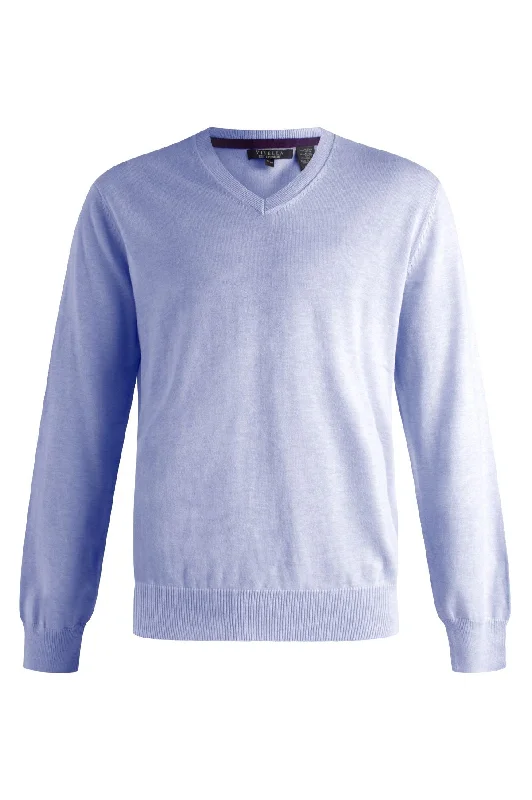 Classic Men's Wool SweatersCotton and Silk Blend Elbow Patch V-Neck Sweater in Blueberry by Viyella