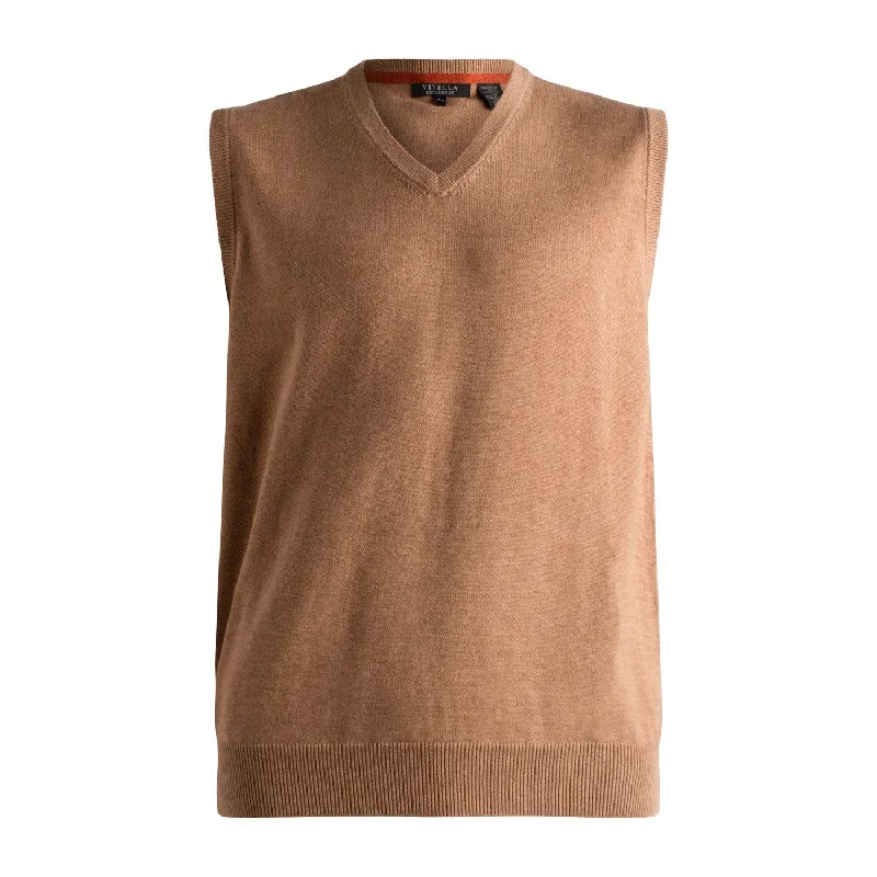 Men's Sweaters with Flat-Front DesignsCotton and Silk Blend V-Neck Sweater Vest in Camel by Viyella Men's Sweaters with Flat-Front DesignsCotton and Silk Blend V-Neck Sweater Vest in Camel by Viyella