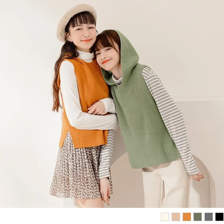Men's Sweaters in Pastel ShadesPIT STRIPE HOODED KNIT SLEEVELESS HOODED FUR TOPS