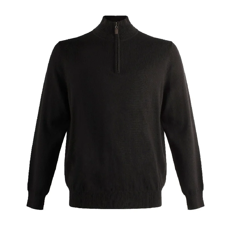 Men's Sweaters with Fair Isle PatternsCotton and Silk Blend Quarter-Zip Mock Neck Elbow Patch Sweater in Black by Viyella Men's Sweaters with Fair Isle PatternsCotton and Silk Blend Quarter-Zip Mock Neck Elbow Patch Sweater in Black by Viyella