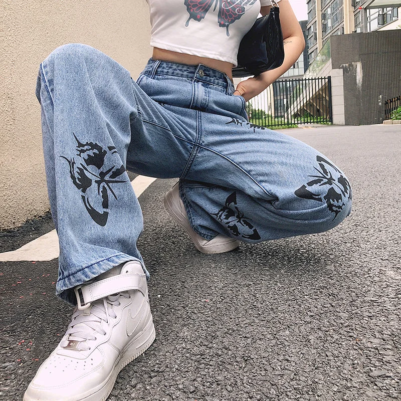 Men's Jeans with PocketsKittenAlarm - High Waist Wide Leg Butterfly Pattern Jeans Pants