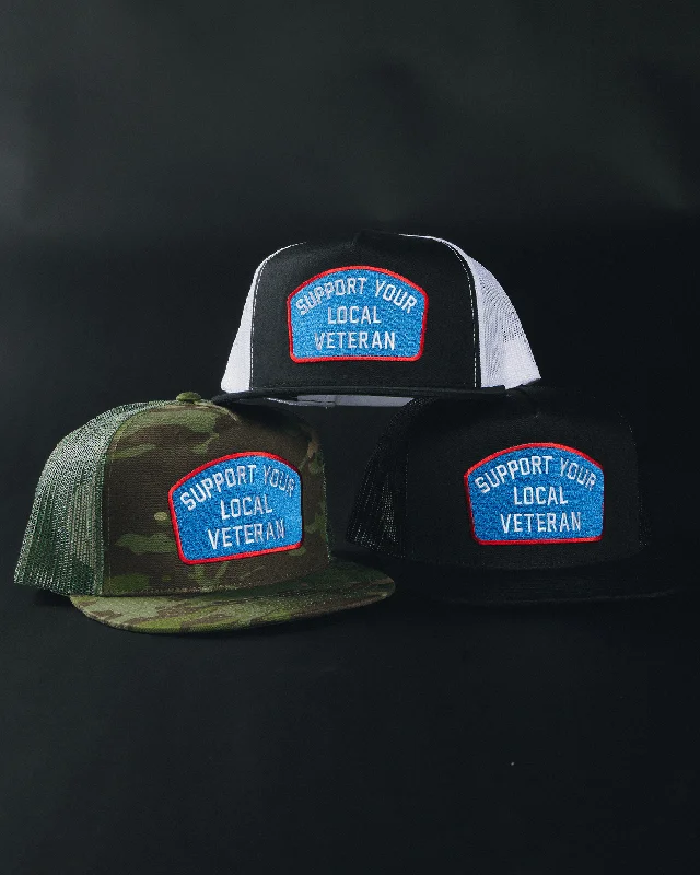 Bright Straw HatsSupport Your Local Veteran Flat Bill Trucker Snapback - Red, White, & Blue