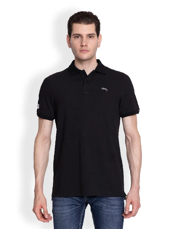 Men's Shirts with Roll-Up SleevesJUMP USA Men Solid Black Polo Collar Cotton T-shirt Men's Shirts with Roll-Up SleevesJUMP USA Men Solid Black Polo Collar Cotton T-shirt