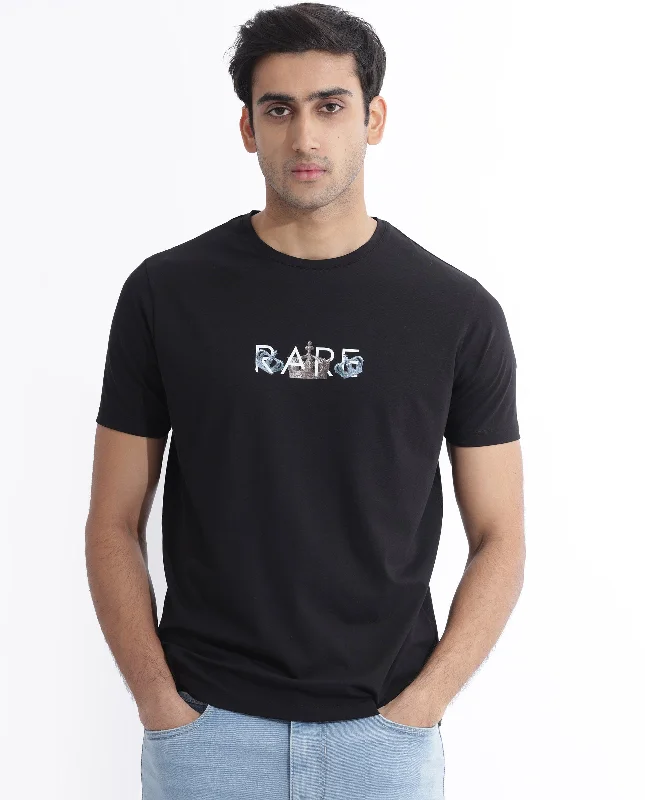 Men's Shirts with Logo EmbossmentsRare Rabbit Men's Chent Black Cotton Lycra Fabric Half Sleeves Graphic Print T-Shirt Men's Shirts with Logo EmbossmentsRare Rabbit Men's Chent Black Cotton Lycra Fabric Half Sleeves Graphic Print T-Shirt