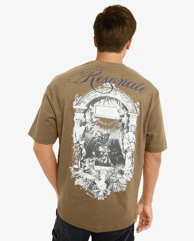 Men's Shirts with French CuffsRare Rabbit Men Reso Olive Cotton Fabric Short Sleeve Crew Neck Oversized Fit Back Graphic Print T-Shirt
