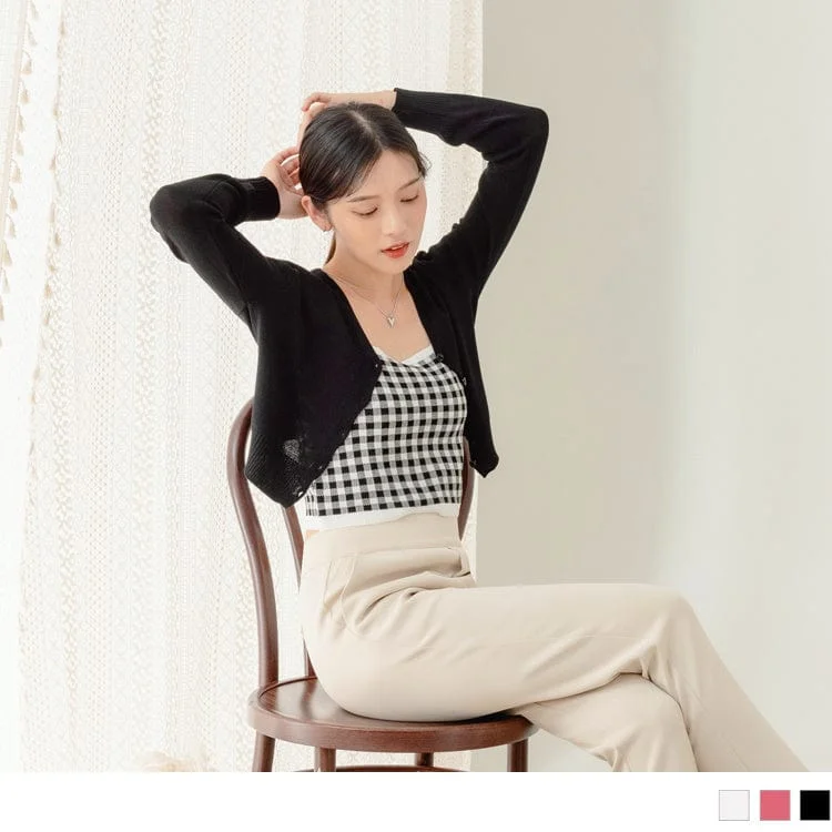 Men's Sweaters with Pleated DesignsLAYERED-LOOK CHECKED KNIT LONG SLEEVE CROP TOPS