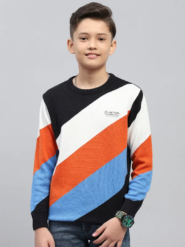 Men's Sweaters in Earthy TonesBoys Navy Blue Self Design Round Neck Full Sleeve Pullover