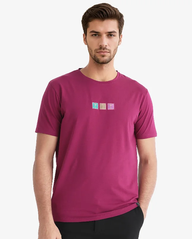 Men's Shirts for FishingRare Rabbit Men's Palp Dark Pink Crew Neck Half Sleeves Regular Fit Embroidered Logo Branding T-Shirt