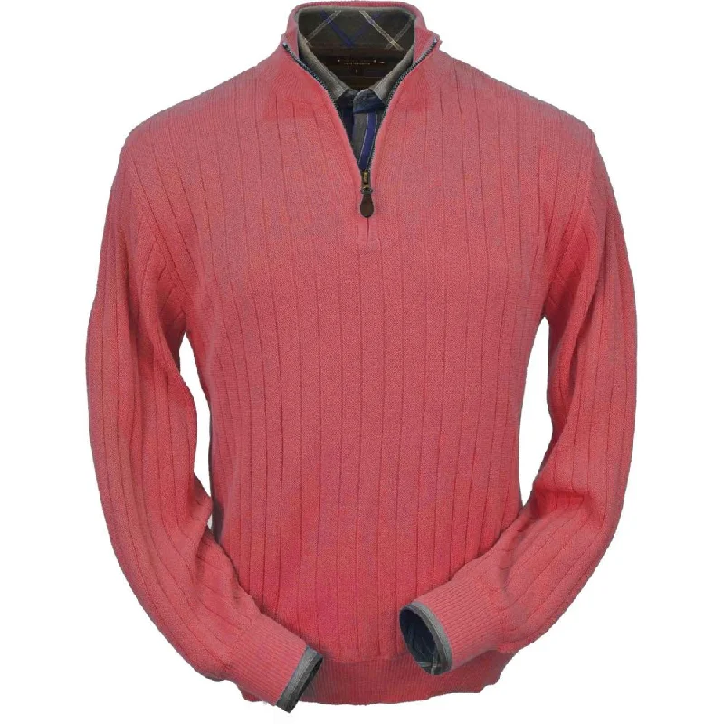 Men's Sweaters in Bright ColorsBaby Alpaca 'Links Stitch' Half-Zip Mock Neck Sweater in Red Coral Heather by Peru Unlimited Men's Sweaters in Bright ColorsBaby Alpaca 'Links Stitch' Half-Zip Mock Neck Sweater in Red Coral Heather by Peru Unlimited