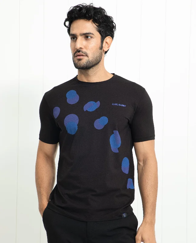 Men's Shirts with Short PlacketsRare Rabbit Men's Univ Black Crew Neck Half Sleeves Regular Fit Placement Polka Print T-Shirt