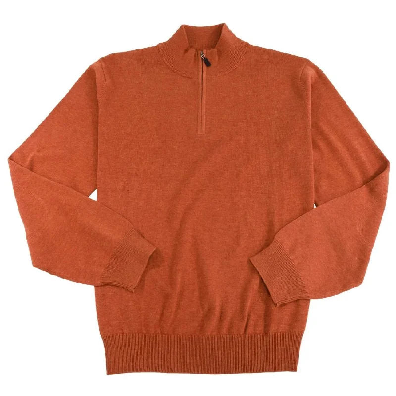 Essential Men's V-Neck SweatersCotton and Silk Blend Quarter-Zip Mock Neck Elbow Patch Sweater in Orange by Viyella Essential Men's V-Neck SweatersCotton and Silk Blend Quarter-Zip Mock Neck Elbow Patch Sweater in Orange by Viyella