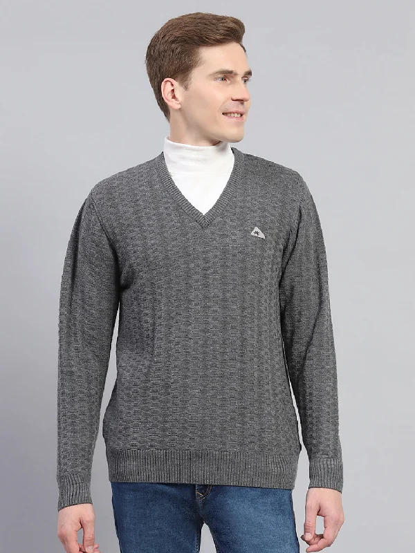 Men's Sweaters with Belt AttachmentsMen Grey Solid V Neck Full Sleeve Pullover