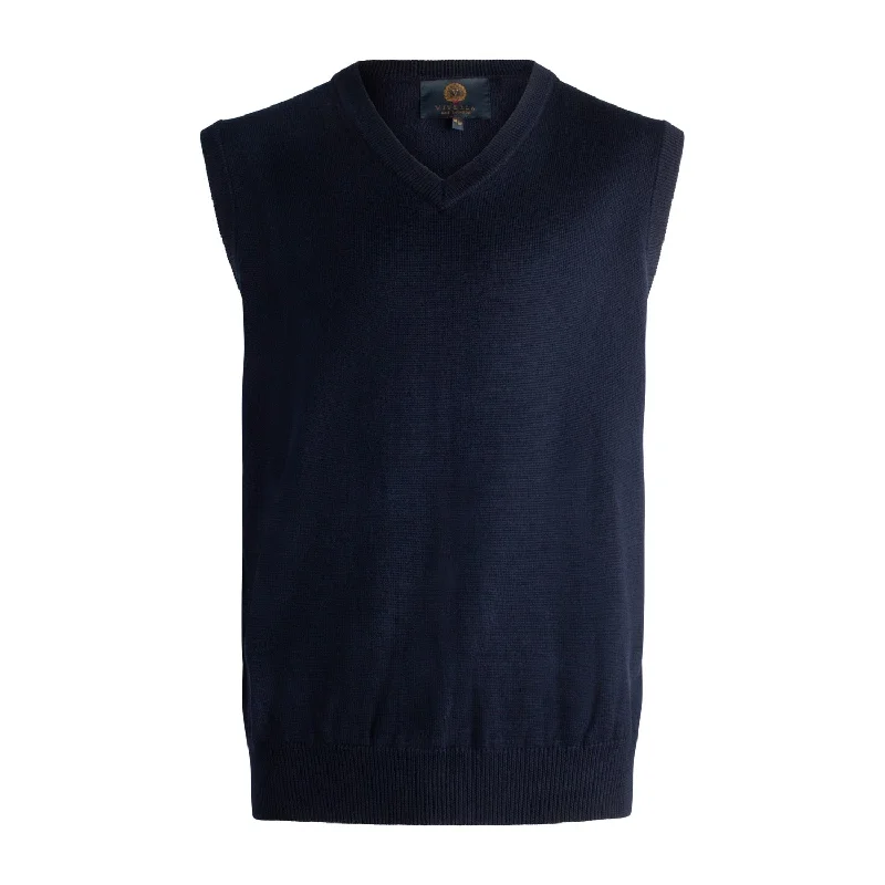 Men's Sweaters with Thumbholes in SleevesExtra Fine 'Zegna Baruffa' Merino Wool V-Neck Sleeveless Sweater Vest in Navy by Viyella Men's Sweaters with Thumbholes in SleevesExtra Fine 'Zegna Baruffa' Merino Wool V-Neck Sleeveless Sweater Vest in Navy by Viyella